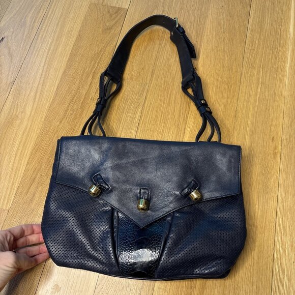 Balenciaga Ostrich Leg Navy Perforated Leather Shoulder Dual Bag Gold Buttons - Picture 3 of 8